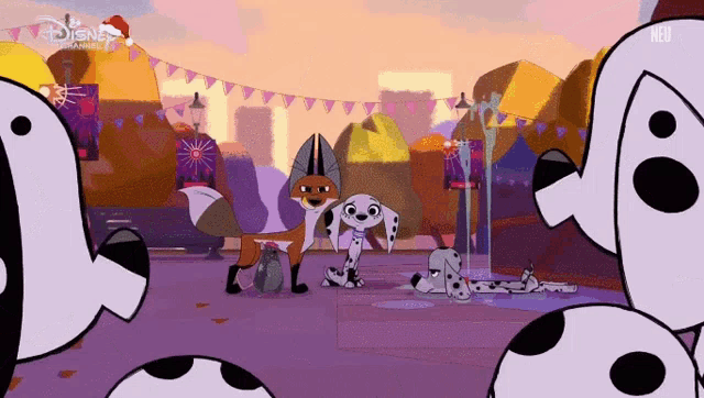 a dalmatian and a fox are standing next to each other in a disney cartoon