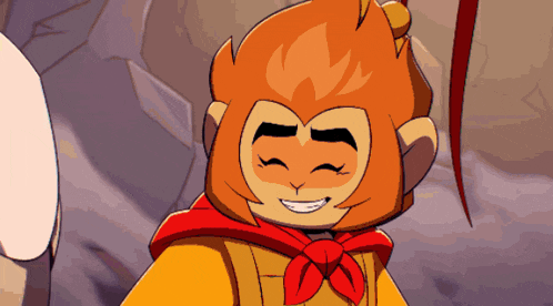 a cartoon character with a red scarf around his neck is smiling