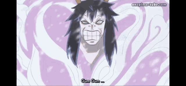 a cartoon character says gum gum in a purple background