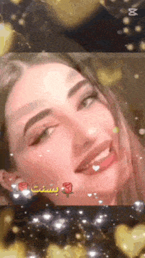 a close up of a woman 's face with hearts around her and a rose in her mouth