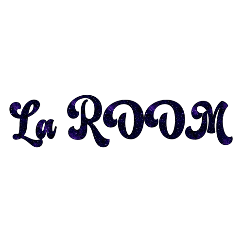 the word la room is written in purple letters