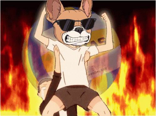 a cartoon drawing of a dog wearing sunglasses and a white shirt