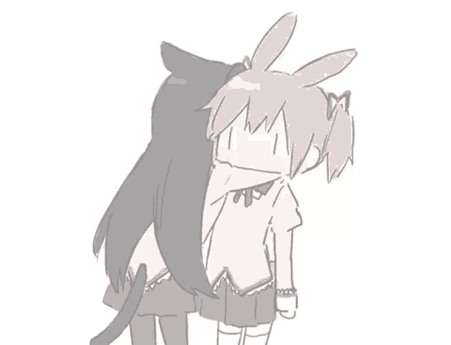 a drawing of a girl with bunny ears hugging a cat .
