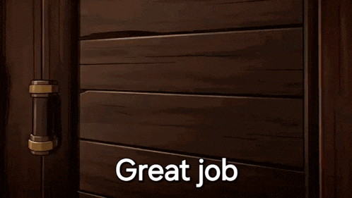 a cartoon character is standing in a doorway with the words great job written on the bottom