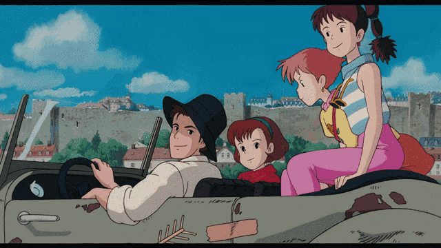 a man is driving a car with two girls on the back seat