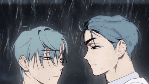 a man with blue hair looks at another man in the rain
