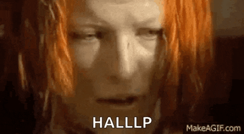 a close up of a woman 's face with orange hair and the words hallp written on it .