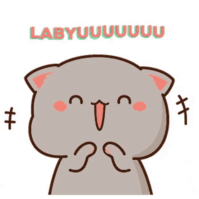 a cartoon cat with a surprised look on its face and the words labyuuu on the bottom .