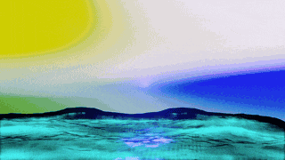 a painting of a landscape with mountains and a yellow sun
