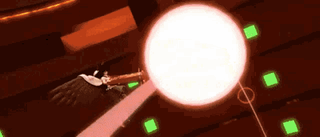 a cartoon character is flying through the air with a red light coming out of its mouth .