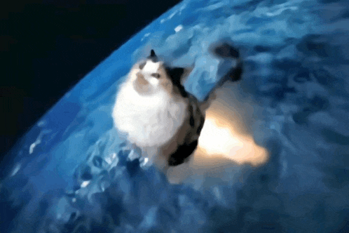 a black and white cat is floating on top of a blue planet