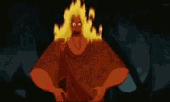 a cartoon character with flames coming out of his head and the word god