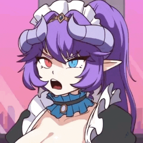a cartoon girl with horns and purple hair is wearing a maid outfit and a choker .