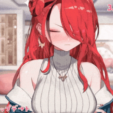 a girl with red hair is wearing a white sweater with the number 3 on it