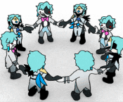 a group of cartoon characters are holding hands in a circle .
