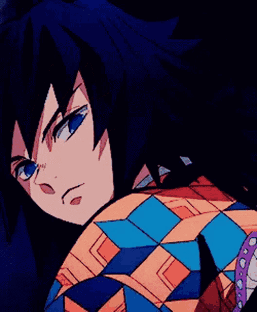 a close up of a person 's face with blue eyes and a colorful outfit .