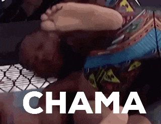 a man is laying on top of another man with the word chama on the bottom of the image .