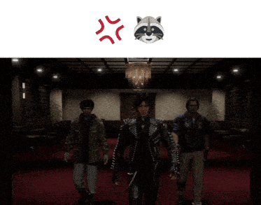 a raccoon with an angry face is above two men