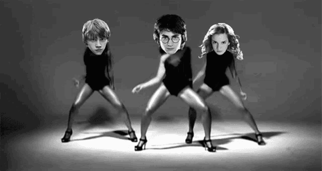 a black and white photo of harry potter , ron weasley and hermione granger dancing