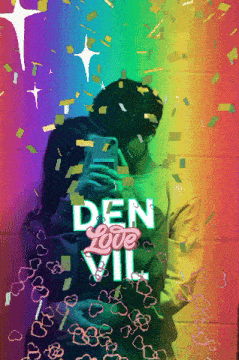 a couple kissing in front of a rainbow wall with the words den love vii