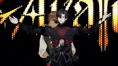 two anime characters are standing next to each other with their arms outstretched in front of a sign .