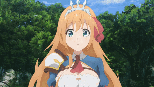 a girl with a crown on her head is standing in a forest