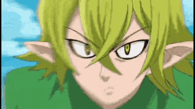 a close up of a cartoon character with green hair and ears