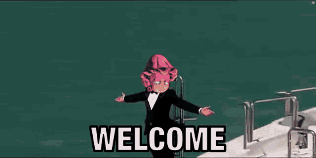 a cartoon character in a tuxedo is standing next to a yacht and says welcome .