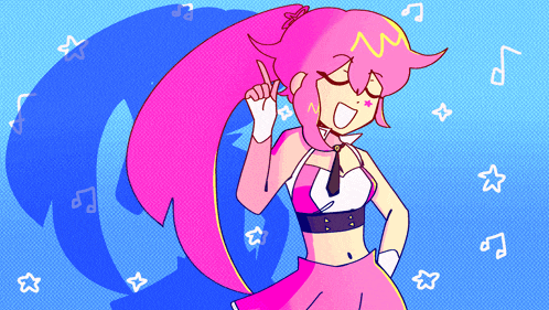 a drawing of a girl with pink hair and a bow in her hair