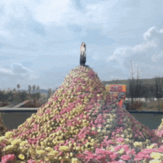 a woman stands on top of a large pile of flowers