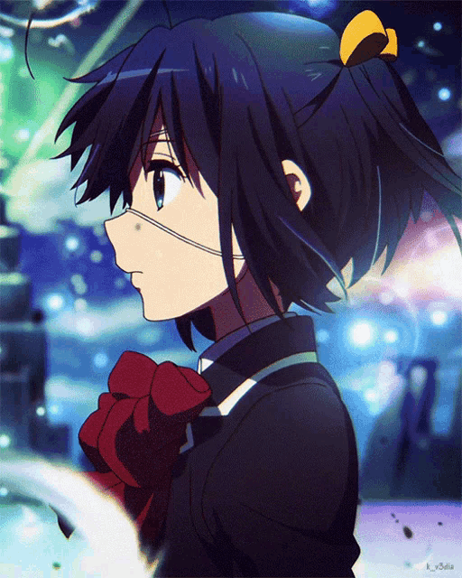 a drawing of a girl with blue hair and a yellow bow on her hair