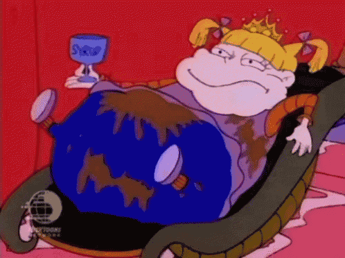 a cartoon character with a crown on her head holding a glass of syrup
