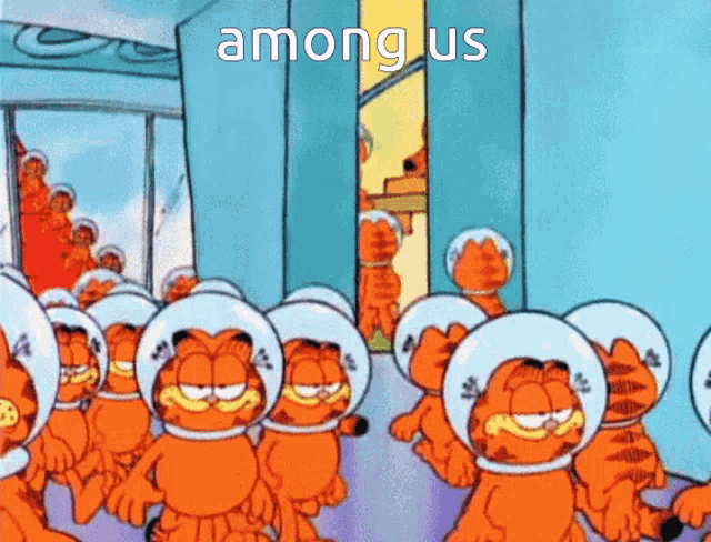 a group of garfield cats wearing space helmets are standing in a hallway