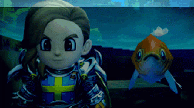 a cartoon character standing next to a fish in a tank