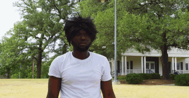 a man wearing a wig and a white shirt stands in front of a white house