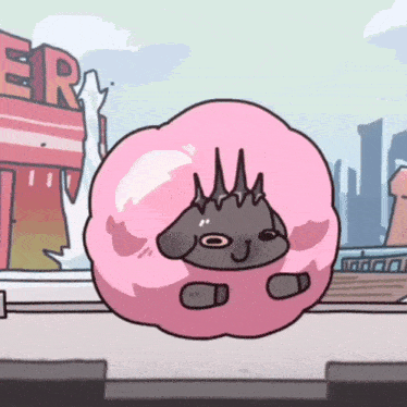 a cartoon drawing of a sheep in a pink bubble with the word eraser behind it
