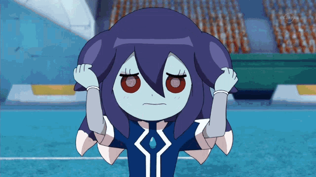 a cartoon character with purple hair and red eyes is shown on tv