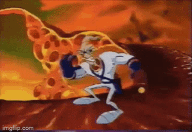 a cartoon character is standing in front of a fire .