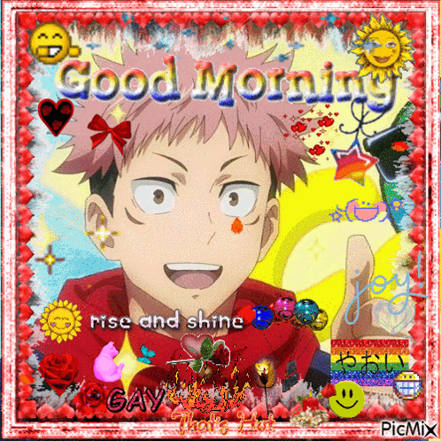 a picture of a boy with the words good morning rise and shine