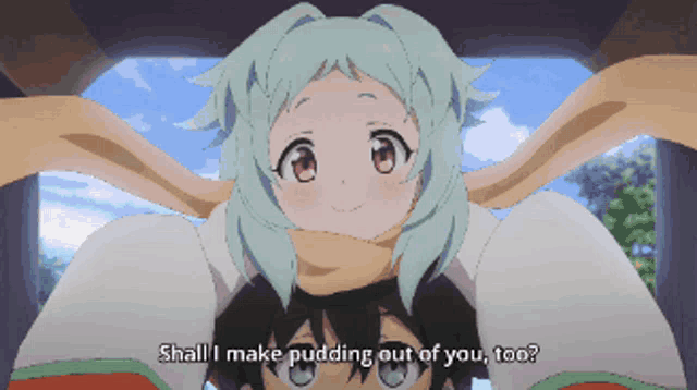 a pixel art of a girl saying shall i make pudding out of you too ?