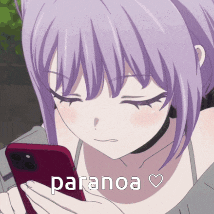a girl with purple hair is looking at a cell phone with the words paranoa written below her