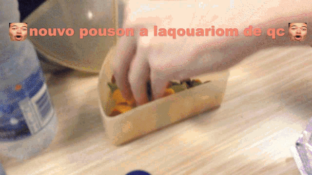 a picture of a person holding a taco with the words " nouvo pouson a laquarium de qq " above it
