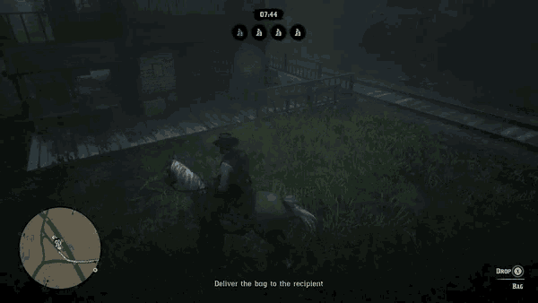 a man riding a horse in a video game that says deliver the bag to the recipient at 07:40