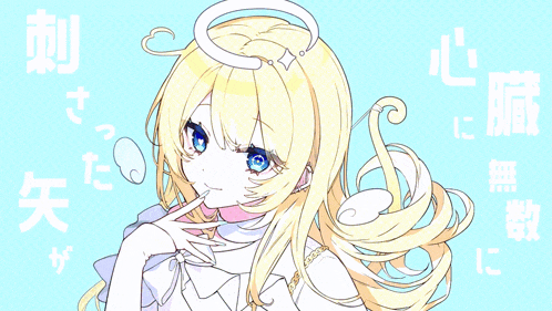 a drawing of a girl with long blonde hair and a white halo on her head