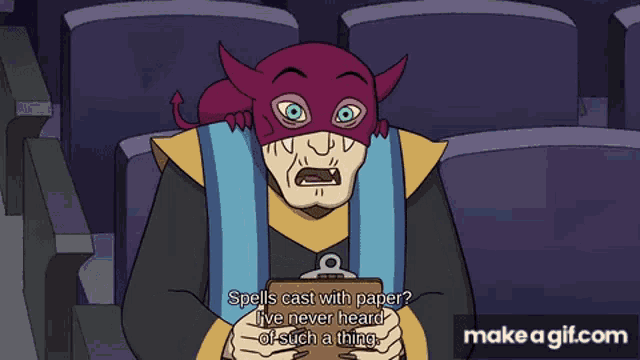 a cartoon character is holding a clipboard and saying spells cast with paper