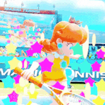 a cartoon character is holding a tennis racquet in front of a banner that says mario tennis
