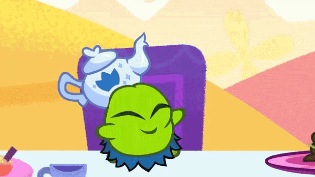 a cartoon character with a teapot on its head