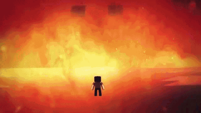 a minecraft character is standing in front of a huge fire