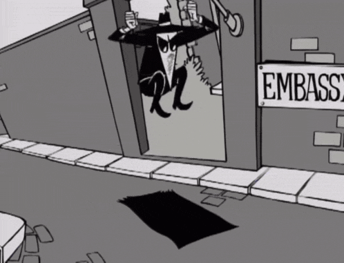 a black and white cartoon of a man standing in front of a sign that says " embassy "