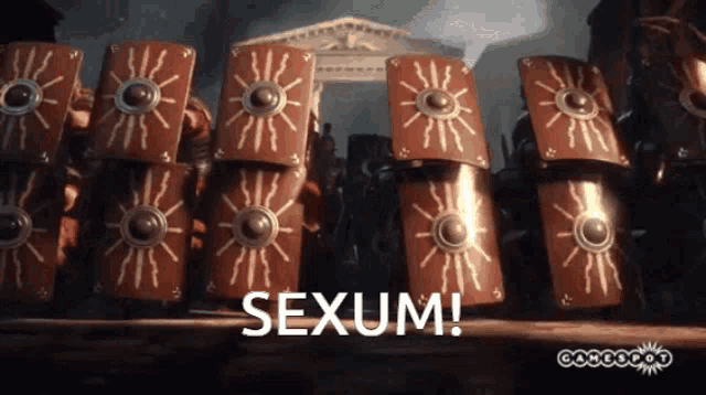 a row of roman shields with the word sexum written on the bottom